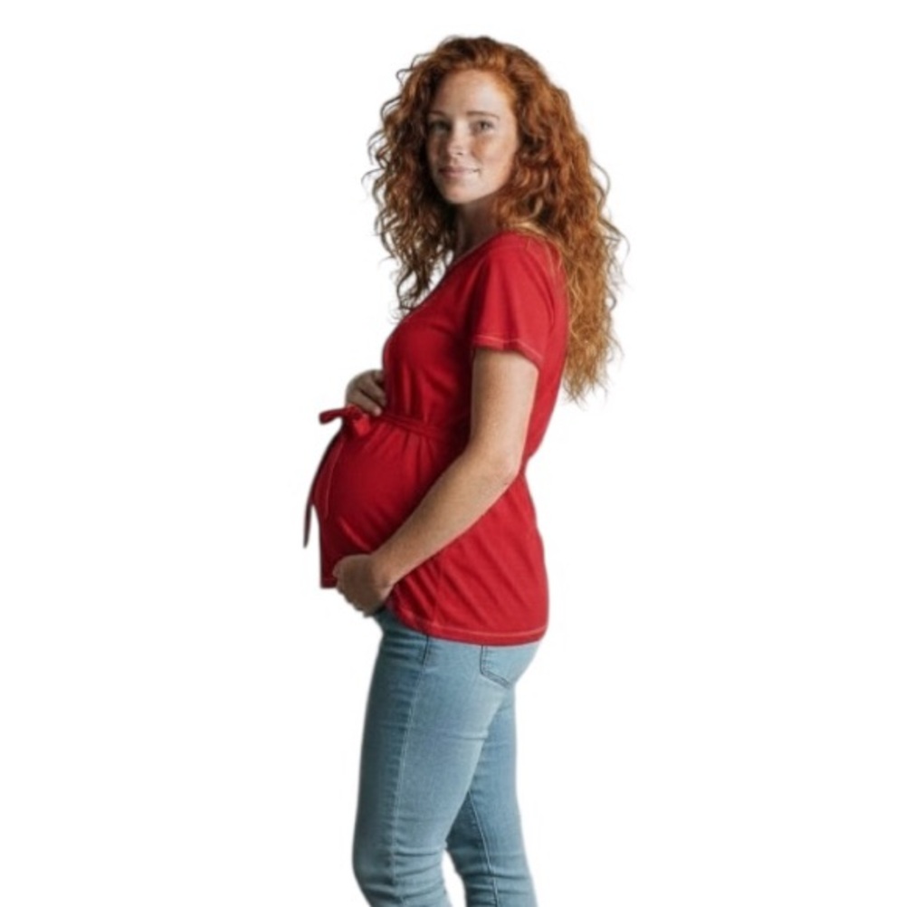 Thyme Maternity Large Red Shirt Round Neck Short Sleeves with Belly Tie